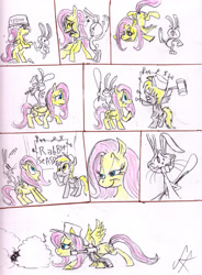 Size: 2099x2858 | Tagged: safe, artist:devilkais, angel bunny, derpy hooves, fluttershy, pegasus, pony, rabbit, g4, abuse, angel is a bunny bastard, angel riding fluttershy, animal, bipedal, butt, choking, closed mouth, comic, eyes closed, eyes open, female, flutterbuse, folded wings, gun, high res, karma, kick in the butt, male, mare, music notes, open mouth, payback, plot, riding, smiling, spread wings, traditional art, weapon, whip, wings