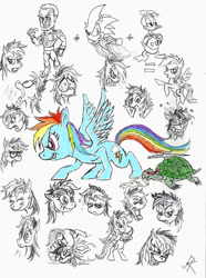 Size: 900x1209 | Tagged: safe, artist:devilkais, rainbow dash, pegasus, pony, turtle, g4, bipedal, donald duck, face down ass up, female, food, male, mare, pizza, sonic the hedgehog, sonic the hedgehog (series), traditional art