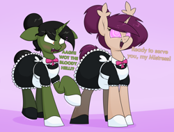 Size: 3000x2281 | Tagged: safe, artist:moonatik, oc, oc only, oc:grim fate, oc:timetable, bat pony, pony, unicorn, abstract background, apron, bat pony oc, blushing, bowtie, clothes, dress, fangs, female, gloves, hair bun, high res, horn, hybrid oc, hypnosis, hypnotized, maid, mare, open mouth, open smile, raised hoof, shoes, smiling, surprised, swirly eyes, tail, tail bun, tights, unicorn oc