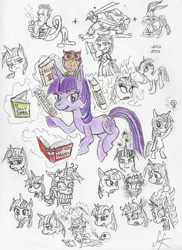 Size: 1591x2181 | Tagged: safe, artist:devilkais, owlowiscious, twilight sparkle, bird, human, owl, pony, unicorn, g4, book, bugs bunny, female, leonardo, levitation, lightbulb, magic, male, mare, reed richards, skull, telekinesis, traditional art