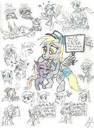 Size: 1602x2174 | Tagged: safe, artist:devilkais, derpy hooves, dinky hooves, pegasus, pony, g4, bipedal, blowing bubbles, bubble, butt, eating, electrocution, female, filly, food, hat, letter, mare, mother and child, mother and daughter, muffin, nail, plot, traditional art