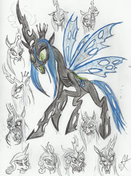 Size: 1599x2144 | Tagged: safe, artist:devilkais, queen chrysalis, changeling, changeling queen, g4, crown, female, jewelry, regalia, solo, traditional art