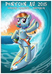 Size: 1024x1450 | Tagged: safe, artist:crimson-mane, rainbow dash, pegasus, pony, g4, bipedal, blue, clothes, convention, female, ocean, ponycon au, solo, surfboard, surfing, swimsuit, underhoof, water, watermark