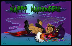 Size: 1024x661 | Tagged: safe, artist:crimson-mane, oc, oc only, oc:tyra, pegasus, pony, ants, candy, clothes, costume, eyes closed, female, food, halloween, hat, holiday, lying down, on back, tongue out, watermark, witch costume, witch hat