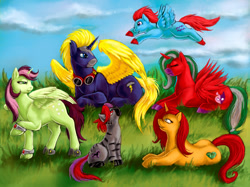 Size: 1041x777 | Tagged: safe, artist:furball891, oc, oc only, alicorn, hybrid, pegasus, pony, unicorn, zony, alicorn oc, female, grass, horn, male, male alicorn, male alicorn oc, wings
