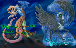 Size: 1044x666 | Tagged: safe, artist:furball891, discord, nightmare moon, alicorn, draconequus, pony, g4, colored pencil drawing, female, male, traditional art