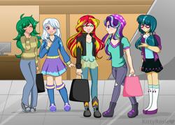Size: 5630x4024 | Tagged: safe, artist:kittyrosie, juniper montage, starlight glimmer, sunset shimmer, trixie, wallflower blush, equestria girls, equestria girls series, equestria girls specials, forgotten friendship, g4, mirror magic, movie magic, beanie, blushing, commission, cute, diatrixes, eyes closed, flowerbetes, freckles, glimmerbetes, group, hat, human coloration, junibetes, open mouth, open smile, quintet, shimmerbetes, shopping, smiling