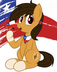 Size: 815x1024 | Tagged: safe, artist:an-tonio, oc, oc only, oc:chilenia, earth pony, pony, bandana, chile, coat markings, female, flag, happy, holding, looking at you, mare, nation ponies, open mouth, ponified, sitting, smiling, socks (coat markings), solo