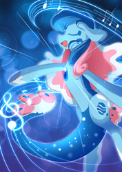 Size: 1240x1754 | Tagged: safe, oc, oc only, oc:lyre wave, merpony, seapony (g4), blue background, blue mane, bubble, eyes closed, fish tail, flowing mane, flowing tail, gem, glowing, hoof shoes, mascot, music notes, ocean, open mouth, qingdao brony festival, scales, simple background, singing, solo, sparkles, swimming, tail, underwater, water