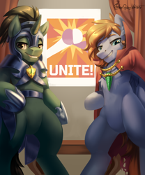 Size: 2500x3000 | Tagged: safe, alternate version, artist:jedayskayvoker, oc, oc only, oc:bizarre song, oc:slashing prices, pegasus, pony, unicorn, armor, badge, bipedal, blushing, cape, chest fluff, clothes, curtains, dialogue, duo, duo male, ear fluff, eyebrows, folded wings, grin, helmet, high res, hoof shoes, horn, jewelry, lidded eyes, looking at you, male, necklace, pegasus oc, poster, propaganda, royal guard, royal guard armor, smiling, smiling at you, stallion, unicorn oc, watermark, wings