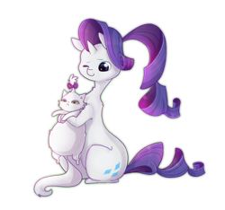 Size: 1024x959 | Tagged: safe, artist:lucitfandmlp, opalescence, rarity, cat, pony, unicorn, g4, duo, female, holding, mare, one eye closed, simple background, sitting, smiling, three quarter view, transparent background, wink