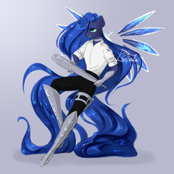 Size: 1800x1800 | Tagged: safe, artist:livitoza, princess luna, alicorn, anthro, unguligrade anthro, g4, armor, baseball bat, crystal wings, floating wings, solo, weapon, wings
