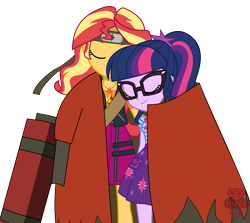 Size: 1599x1426 | Tagged: safe, artist:jcpreactyt, sci-twi, sunset shimmer, twilight sparkle, equestria girls, g4, clothes, coat, embrace, eyes closed, female, hair, headband, hug, lesbian, naruto, naruto: shippūden, ponytail, scroll, ship:sci-twishimmer, ship:sunsetsparkle, shipping, smiling