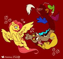 Size: 2000x1884 | Tagged: safe, artist:kajamnik, discord, fluttershy, butterfly, draconequus, pegasus, pony, g4, clasped hands, colored eyebrows, colored sclera, fangs, female, flying, hands together, heart, hooves in air, looking at each other, looking at someone, male, mare, mismatched horns, mismatched wings, one wing out, pink mane, pink tail, red background, red eyes, ship:discoshy, shipping, signature, simple background, smiling, smiling at each other, spread wings, straight, tail, turned head, wingding eyes, wings