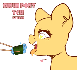 Size: 2200x2000 | Tagged: safe, artist:etoz, pony, auction, auction open, chopsticks, commission, drool, drool string, food, generic pony, happy, heart, high res, holding, imminent vore, macro, macro/micro, micro, person as food, ponies in food, ponies in sushi, predator, prey, rice, scared, sketch, smiling, starry eyes, stars, surprised, sushi, text, wingding eyes, ych example, ych sketch, your character here