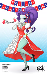 Size: 1386x2164 | Tagged: safe, artist:oldskullkid, rarity, equestria girls, g4, bedroom eyes, chile, choker, clothes, dress, eyeshadow, female, flamenco dress, high heels, latin american, legs, lipstick, looking at you, makeup, pantyhose, ponytail, red lipstick, ribbon, shoes, solo, stockings, thigh highs