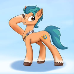 Size: 2700x2700 | Tagged: safe, artist:egstudios93, hitch trailblazer, earth pony, pony, g5, blue background, brown eyes, eyebrows, eyebrows visible through hair, high res, male, one eye closed, shadow, simple background, smiling, solo, stallion, standing, unshorn fetlocks