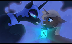 Size: 1280x787 | Tagged: safe, artist:sinner_png, nightmare moon, oc, alicorn, pony, unicorn, g4, blue eyes, blue mane, colored pupils, crying, ear fluff, ethereal mane, feather, female, flowing mane, glowing, helmet, horn, lantern, light, looking at each other, open mouth, simple background, sparkles, starry mane, teary eyes, teeth, wings, yellow mane