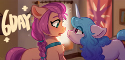 Size: 3694x1787 | Tagged: safe, artist:oofycolorful, izzy moonbow, sunny starscout, earth pony, pony, unicorn, g5, my little pony: a new generation, spoiler:g5, spoiler:my little pony: a new generation, 6, blushing, chest fluff, countdown, female, mare, open mouth, scene interpretation, staring contest