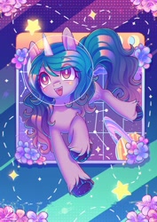Size: 2480x3508 | Tagged: safe, artist:wavecipher, izzy moonbow, pony, unicorn, g5, eye clipping through hair, eyebrows, eyebrows visible through hair, female, high res, mare, open mouth, open smile, smiling, solo, space, stars, white pupils