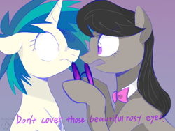 Size: 1600x1200 | Tagged: safe, artist:metaruscarlet, artist:yaco, dj pon-3, octavia melody, vinyl scratch, earth pony, pony, unicorn, g4, bowtie, colored, eye contact, female, floppy ears, glasses, lesbian, looking at each other, mare, open mouth, purple background, ship:scratchtavia, shipping, shrunken pupils, simple background, vinyl's glasses