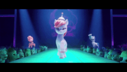 Size: 800x450 | Tagged: safe, screencap, phyllis cloverleaf, sparkle chaser, sugar moonlight, earth pony, pony, g5, my little pony: a new generation, spoiler:my little pony: a new generation, 3d, animated, anti-mind reading cap, background pony, catwalk, device, female, gif, male, mare, model, modeling, pega-periscope goggles, pose, stallion, strut
