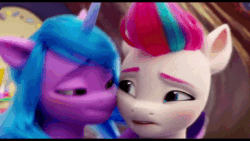 Size: 800x450 | Tagged: safe, screencap, izzy moonbow, zipp storm, pegasus, pony, unicorn, g5, my little pony: a new generation, spoiler:my little pony: a new generation, 3d, animated, cheek to cheek, concerned, cropped, female, gif, looking at each other, mare, raised eyebrows, smiling