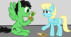 Size: 1725x915 | Tagged: safe, artist:azgchip, sassaflash, oc, oc:anon, pegasus, pony, g4, anon pony, blushing, confused, cutting board, digital art, duo, eating, female, folded wings, food, herbivore, knife, male, mare, messy eating, pineapple, simple background, sitting, spread wings, stallion, standing, wingboner, wings, you're doing it wrong