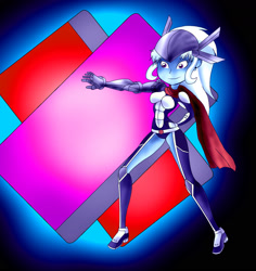 Size: 1700x1800 | Tagged: safe, artist:foxgearstudios, trixie, equestria girls, g4, abstract background, clothes, crossover, digimon, female, fusion, justimon, smiling, solo