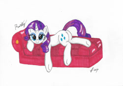 Size: 1280x902 | Tagged: safe, artist:lennondash, rarity, pony, unicorn, g4, bedroom eyes, butt, fainting couch, female, looking at you, lying down, mare, plot, rearity, seductive, seductive pose, simple background, solo, tail, tail aside, traditional art, white background
