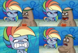 Size: 1061x720 | Tagged: safe, edit, edited screencap, screencap, rainbow dash, fish, pegasus, pony, g4.5, my little pony: pony life, the best of the worst, zound off, angry, comic, duo, female, flying, gritted teeth, male, no weenies allowed, rage, ragebow dash, rainbow dash is not amused, reg (spongebob squarepants), salty spitoon, screencap comic, spongebob squarepants, unamused