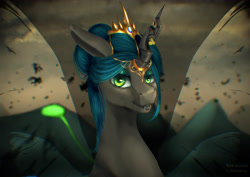Size: 4961x3508 | Tagged: safe, artist:littleharpy, queen chrysalis, changeling, changeling queen, g4, absurd resolution, alternate hairstyle, beautiful, bust, chromatic aberration, crown, fangs, female, horn, horn jewelry, jewelry, regalia, solo, wings