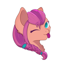 Size: 5257x5257 | Tagged: safe, artist:morrigun, sunny starscout, earth pony, pony, g5, my little pony: a new generation, braid, female, looking at you, mare, one eye closed, simple background, solo, tongue out, wink, winking at you