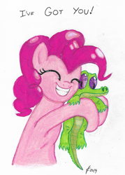 Size: 1101x1536 | Tagged: safe, artist:lennondash, gummy, pinkie pie, alligator, earth pony, pony, g4, bust, cute, diapinkes, duo, eyes closed, female, grin, hug, mare, simple background, smiling, text, traditional art, white background