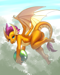 Size: 4000x5000 | Tagged: safe, artist:mykegreywolf, smolder, dragon, g4, absurd resolution, ass, ball, bedroom eyes, butt, commission, dragonbutt, dragoness, featureless crotch, female, flying, looking at you, paws, smiling, smiling at you, smolderriere, solo, underpaw