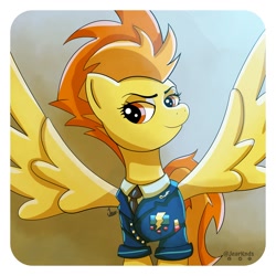 Size: 2250x2250 | Tagged: safe, artist:jearknds, spitfire, pegasus, pony, g4, bust, clothes, female, high res, mare, portrait, signature, smiling, solo, spread wings, uniform, wings, wonderbolts dress uniform