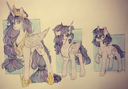 Size: 1280x897 | Tagged: safe, artist:unknownfilters, twilight sparkle, alicorn, pony, unicorn, g4, the last problem, age progression, crown, female, glasses, hoof shoes, japanese reading order, jewelry, mare, multeity, older, older twilight, older twilight sparkle (alicorn), peytral, princess twilight 2.0, redesign, regalia, time paradox, traditional art, triality, twilight sparkle (alicorn), unicorn twilight