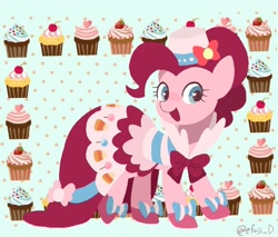 Size: 2048x1744 | Tagged: safe, artist:efuji_d, pinkie pie, earth pony, pony, g4, clothes, cupcake, dress, female, food, gala dress, heart eyes, mare, open mouth, open smile, smiling, solo, wingding eyes