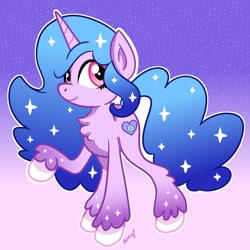 Size: 3000x3000 | Tagged: safe, artist:amycakes05, izzy moonbow, pony, unicorn, g5, chest fluff, female, high res, mare, raised hoof, signature, simple background, smiling, solo, sparkly mane, unshorn fetlocks