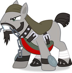 Size: 2950x3000 | Tagged: safe, artist:frownfactory, cratetoss, earth pony, pony, g4, trade ya!, armor, beard, blank flank, cape, chains, clothes, collar, ear fluff, facial hair, headgear, high res, male, sandals, simple background, solo, stallion, transparent background, vector