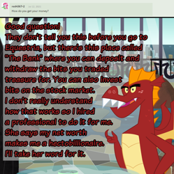 Size: 900x903 | Tagged: safe, artist:queencold, garble, dragon, ask garble, g4, bank, impending disaster, manehattan, solo