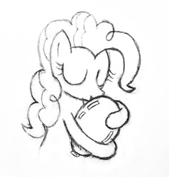 Size: 1304x1369 | Tagged: safe, artist:mizhisha, pinkie pie, earth pony, pony, g4, balloon, black and white, cuddling, cute, eyes closed, grayscale, hug, kissing, monochrome, sketch, solo, that pony sure does love balloons