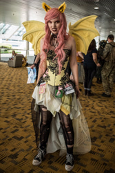 Size: 2751x4126 | Tagged: safe, fluttershy, bat pony, human, bronycon, bronycon 2017, g4, bare shoulders, bat ponified, clothes, converse, cosplay, costume, flutterbat, irl, irl human, photo, piercing, pink hair, race swap, ripped stockings, shoes, sleeveless, sneakers, stockings, thigh highs, torn clothes