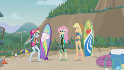 Size: 3410x1920 | Tagged: safe, screencap, applejack, fluttershy, rainbow dash, snails, snips, blue crushed, equestria girls, g4, my little pony equestria girls: better together, applejack's beach shorts swimsuit, applejack's hat, barefoot, beach, cap, clothes, cowboy hat, feet, female, fluttershy's wetsuit, geode of fauna, geode of super speed, geode of super strength, hairpin, hand on hip, hat, high res, jewelry, magical geodes, male, necklace, open mouth, rainbow dash's beach shorts swimsuit, smiling, surfboard, swimming trunks, swimsuit, wetsuit