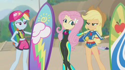 Size: 3410x1920 | Tagged: safe, screencap, applejack, fluttershy, rainbow dash, blue crushed, equestria girls, equestria girls series, g4, applejack's hat, beach, belly button, cap, clothes, cowboy hat, cute, delicious flat chest, female, fluttershy's wetsuit, geode of fauna, geode of super speed, geode of super strength, hairpin, hat, high res, jewelry, magical geodes, midriff, necklace, rainbow flat, shyabetes, sleeveless, smiling, surfboard, swimming trunks, swimsuit, wetsuit