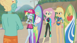 Size: 3410x1920 | Tagged: safe, screencap, applejack, fluttershy, rainbow dash, zephyr breeze, blue crushed, equestria girls, g4, my little pony equestria girls: better together, applejack's beach shorts swimsuit, applejack's hat, beach, belly button, cap, clothes, cowboy hat, crossed arms, eyes closed, female, fluttershy's wetsuit, geode of fauna, geode of super speed, geode of super strength, hairpin, hand on hip, hat, high res, jewelry, magical geodes, male, necklace, open mouth, sleeveless, surfboard, swimming trunks, swimsuit, wetsuit