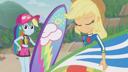 Size: 3410x1920 | Tagged: safe, screencap, applejack, rainbow dash, blue crushed, equestria girls, g4, my little pony equestria girls: better together, applejack's hat, beach, belly button, cap, clothes, cowboy hat, crossed arms, eyes closed, female, geode of super speed, geode of super strength, hat, high res, jewelry, magical geodes, necklace, sleeveless, surfboard, swimming trunks, swimsuit