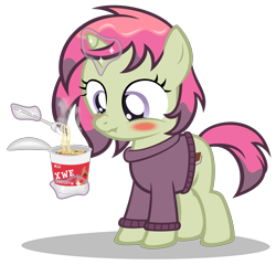 Size: 3420x3280 | Tagged: safe, artist:strategypony, oc, oc only, oc:spicy flavor, pony, unicorn, blushing, clothes, cup noodles, eating, female, filly, food, fork, glowing, glowing horn, high res, horn, magic, magic aura, noodles, scrunchy face, simple background, solo, spicy, sweater, telekinesis, transparent background, unicorn oc