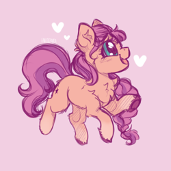 Size: 1500x1500 | Tagged: safe, artist:fanaticpanda, sunny starscout, earth pony, pony, g5, braid, chest fluff, chibi, colored hooves, ear fluff, heart, open mouth, open smile, pink background, simple background, smiling, solo, unshorn fetlocks