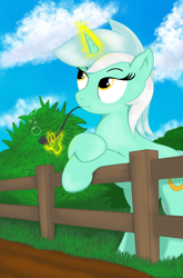 Size: 1884x2850 | Tagged: safe, artist:eels, lyra heartstrings, pony, g4, bipedal, bipedal leaning, bubble, bubble pipe, cloud, copypasta in the description, fence, grass, hand, hits pipe, leaning, magic, magic hands, meme, pipe, ponified, sky, solo, telekinesis, thinking